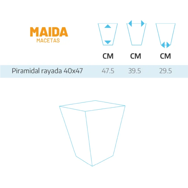 tabla de medidas de las macetas piramidales rayadas de maida