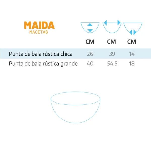 tabla de medidas de las macetas punta de bala rústicas de maida