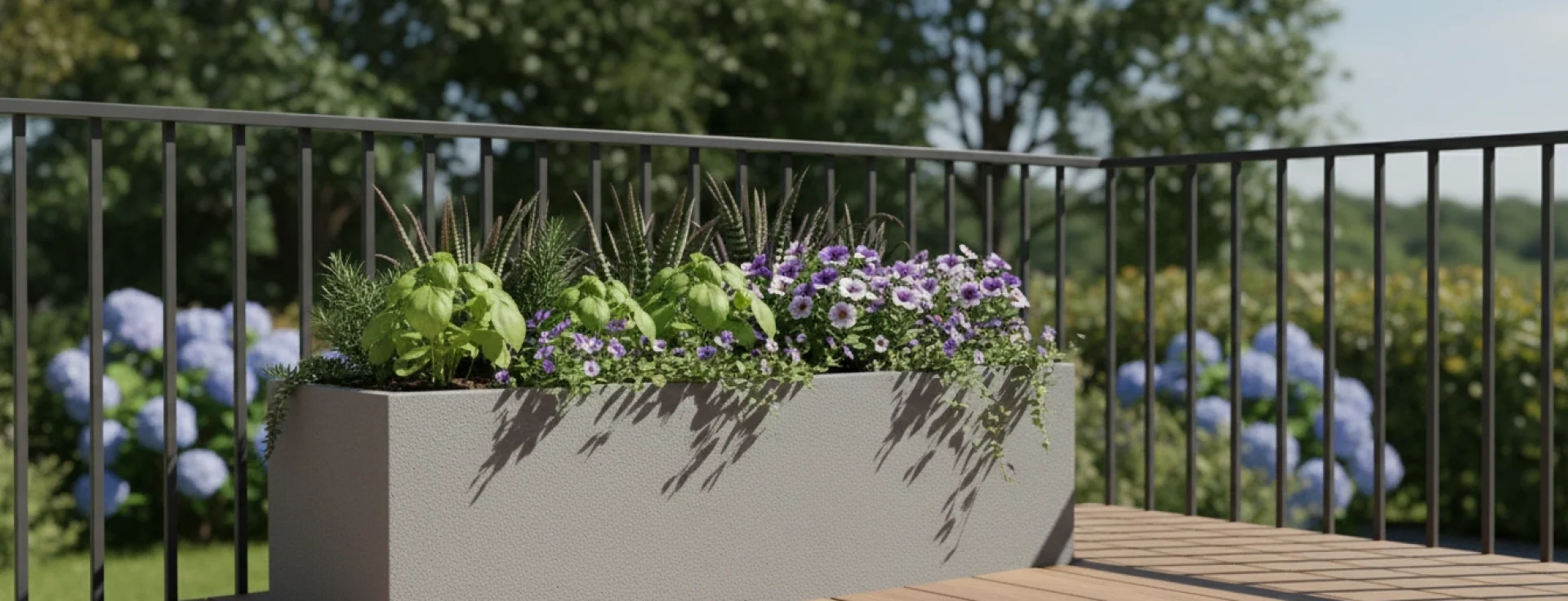 Maceta jardinera maida gris, con plantas sobre un deck hogareño